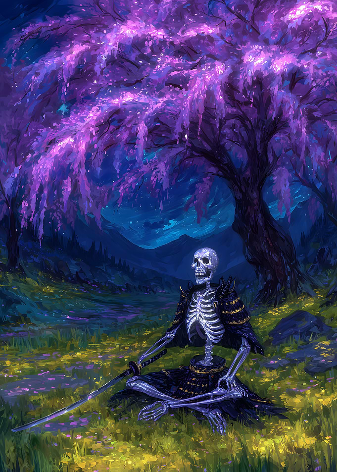 Samurai Skeleton Under Cherry Blossom Tree