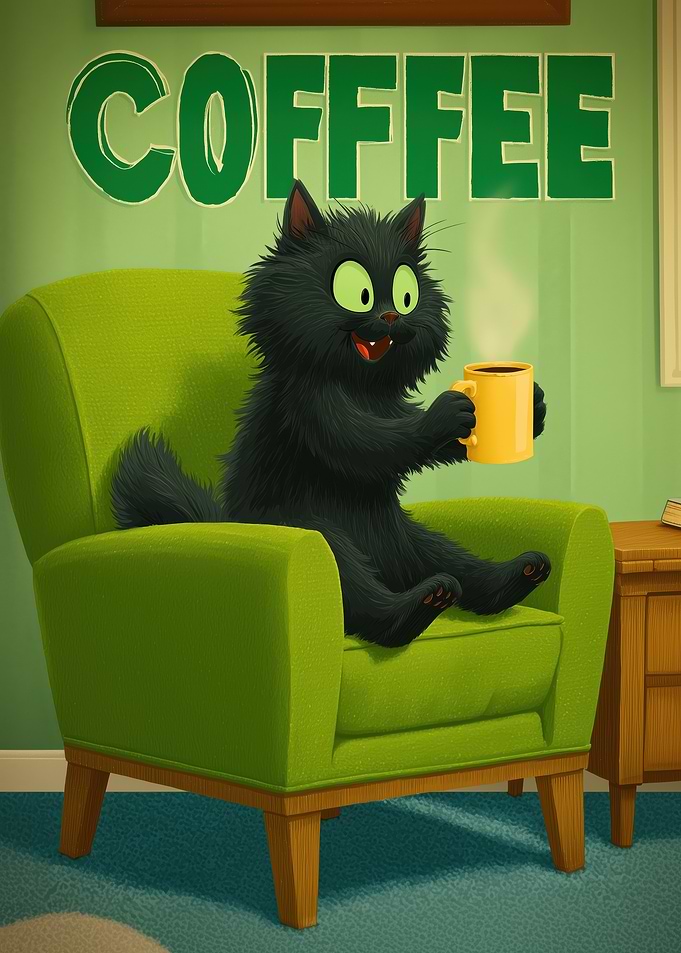 Cartoon Cat Enjoying Coffee in Chair