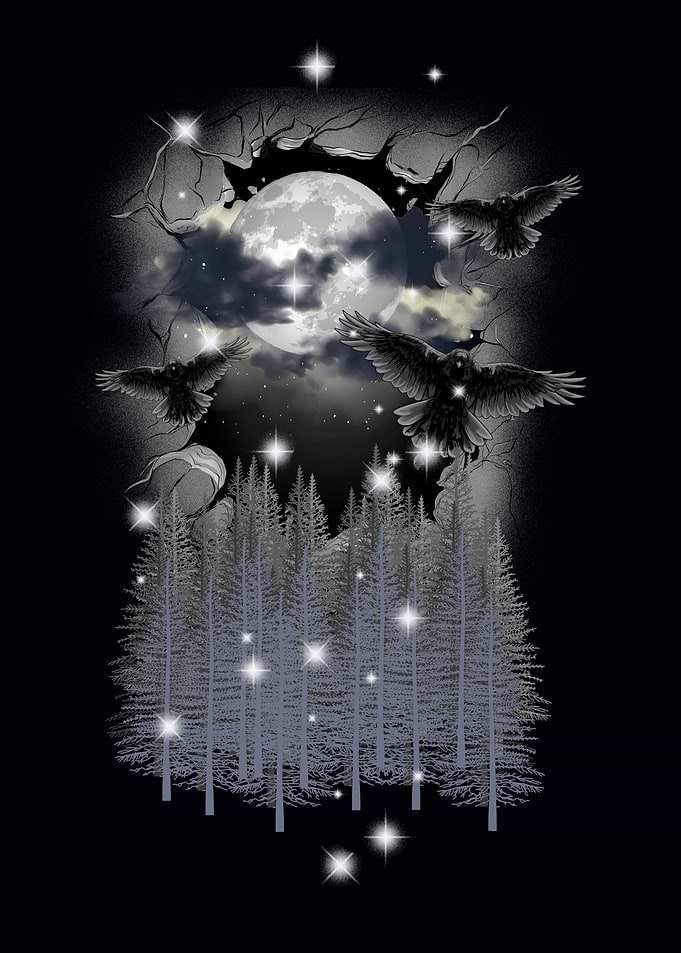 Ravens, Moon, and Forest Nightscape