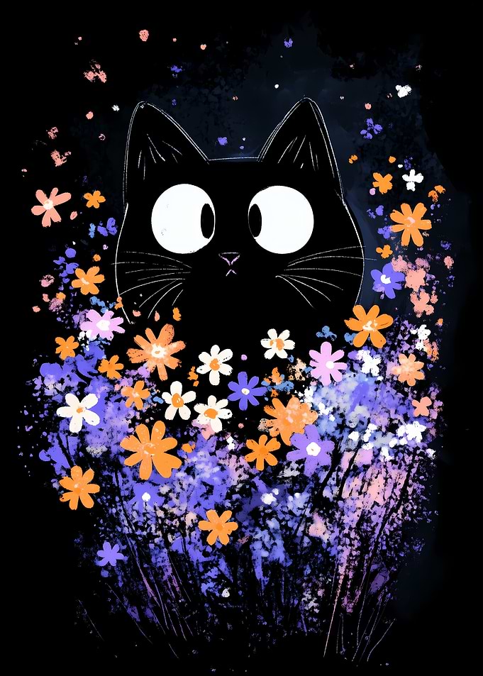 Black Cat in Flowers