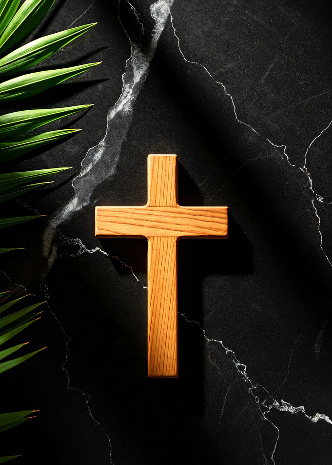 Wooden Cross on Marble with Palm
