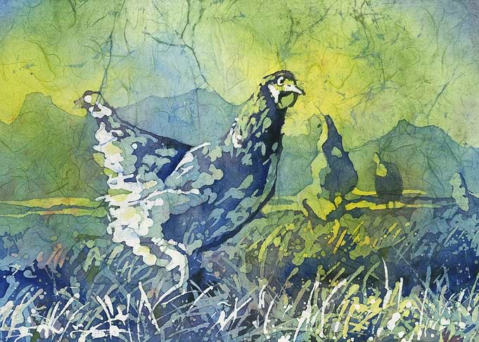 Watercolor Chickens in a Field