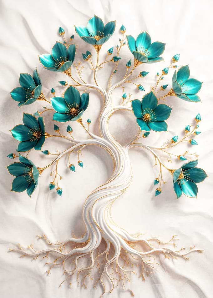 Elegant Tree with Teal Flowers