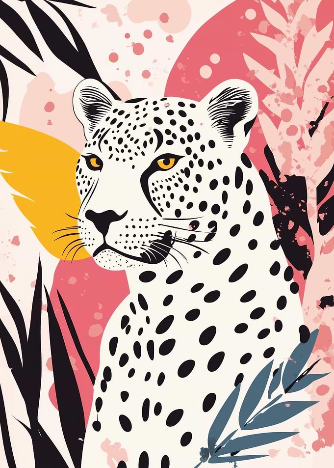 Abstract Leopard Illustration with Tropical Leaves
