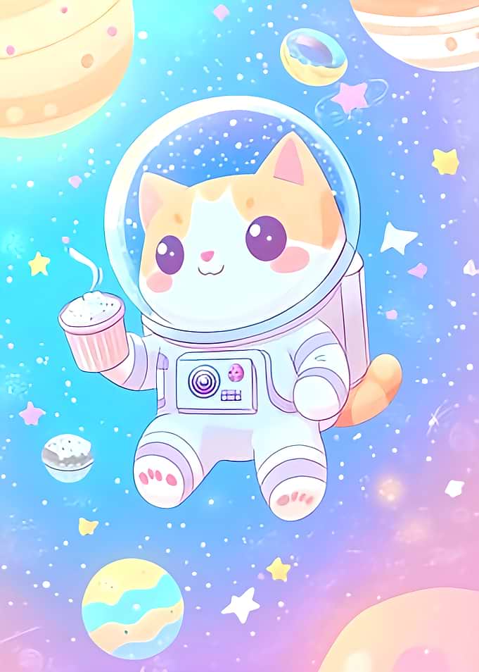 Astronaut Cat in Space with Coffee