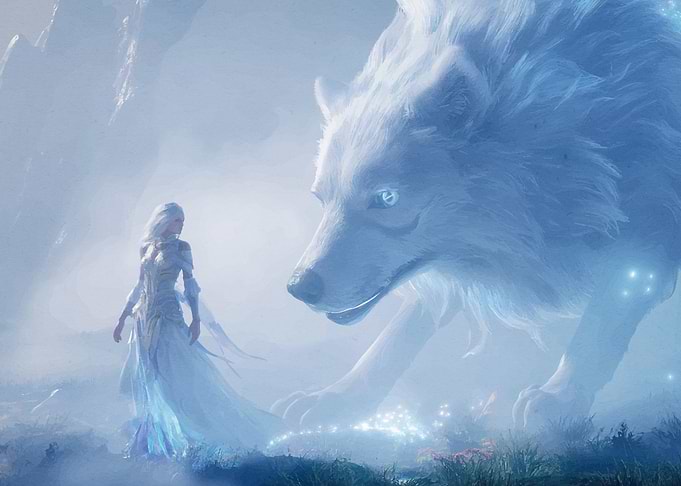 Woman Giant White Wolf