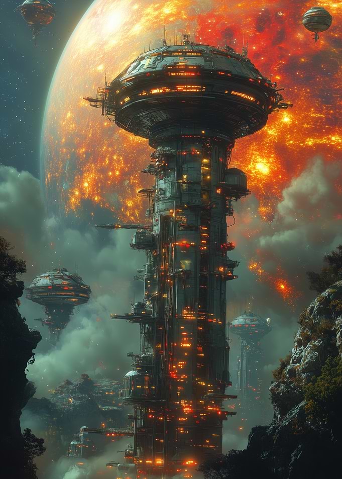 Futuristic Cityscape with Tower and Planet