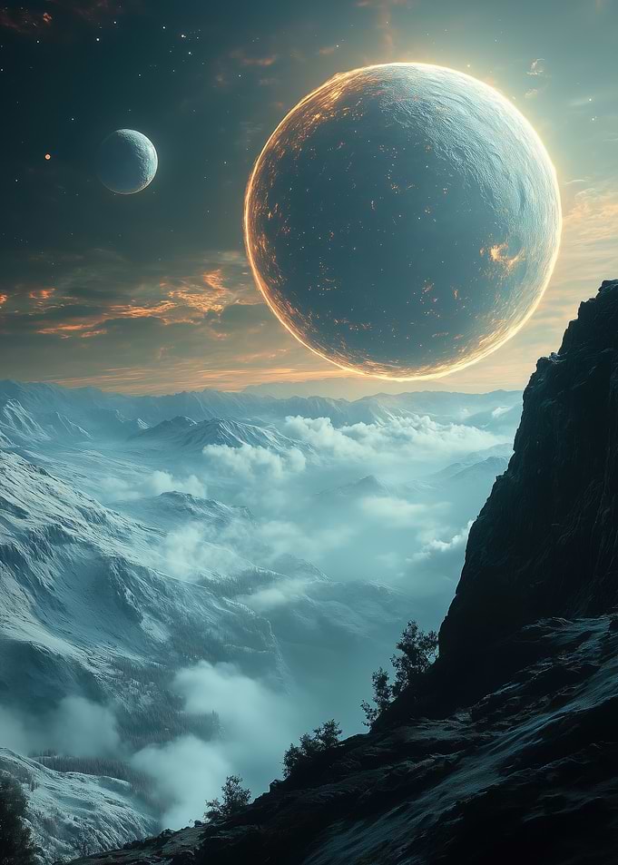 Planets over misty mountains landscape