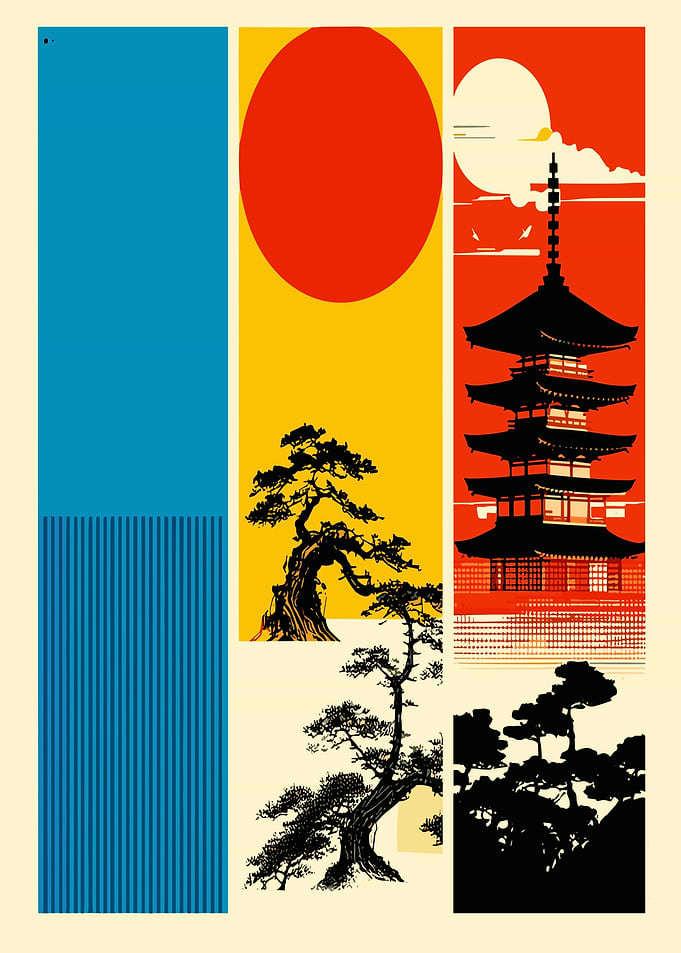 Japanese Landscape with Pagoda and Trees
