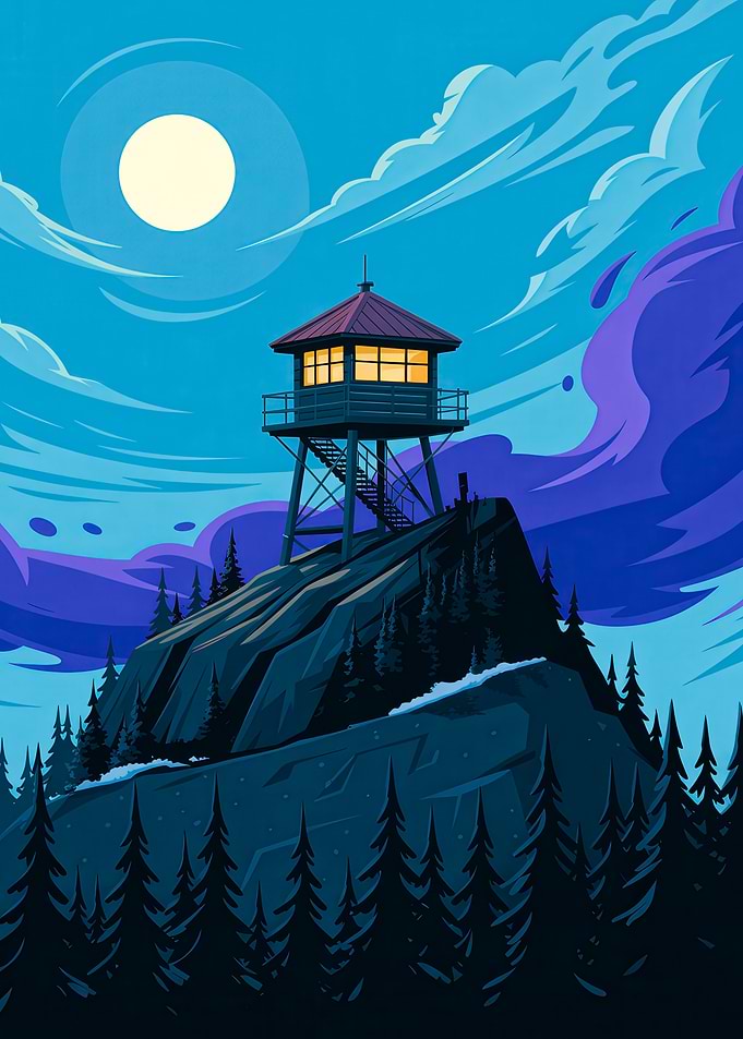 Moonlit Watch: Fire Tower in the Mountains