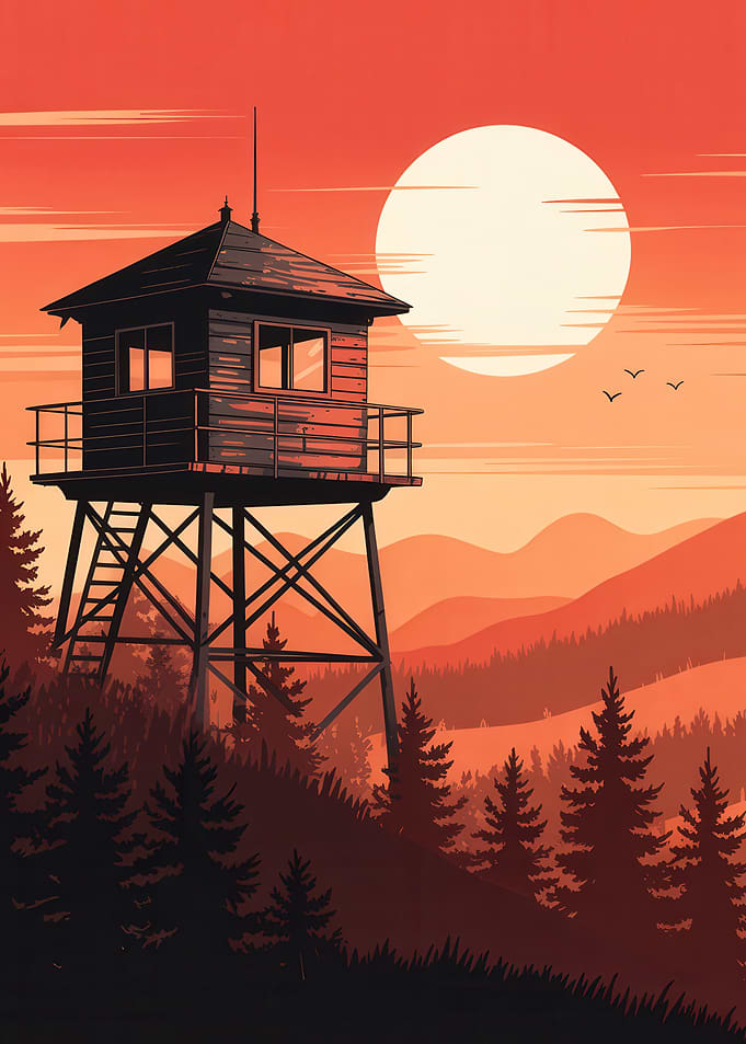 Solar Sentinel – Fire Tower Silhouette in Crimson Wilderness