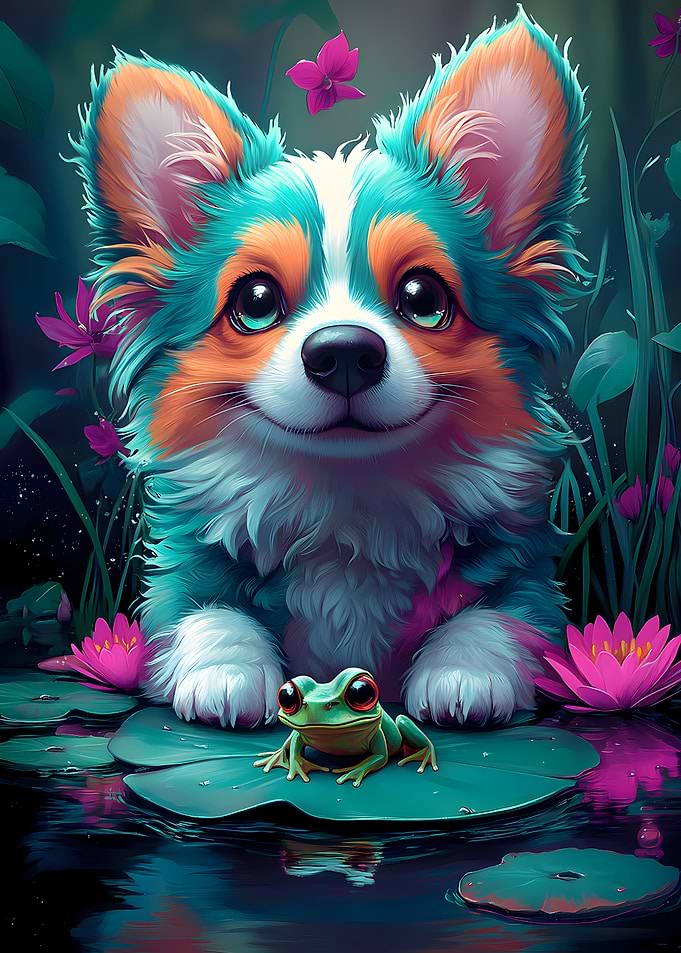 Corgi and Frog in a Pond