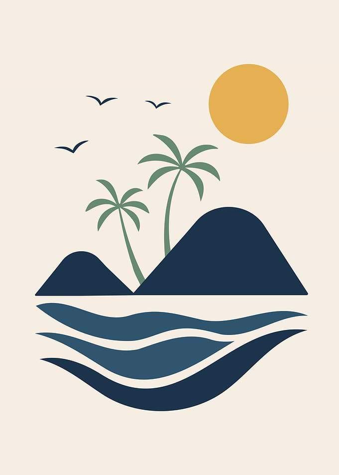 Minimalist Tropical Island Landscape Illustration