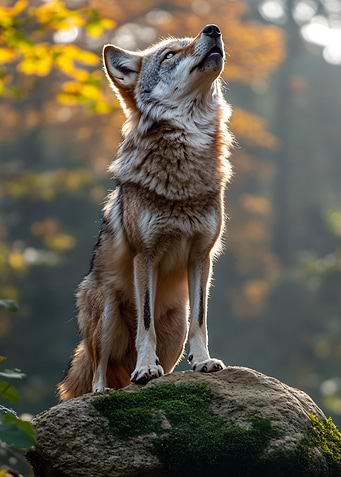 Wolf on a mossy rock