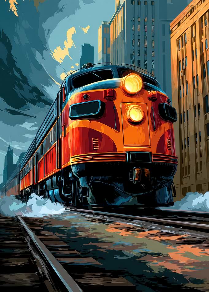 Vintage Train in Cityscape