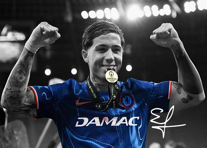 Enzo Fernandez Celebrates Victory with Medal