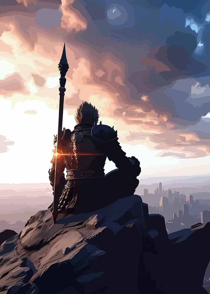 Warrior Contemplating Cityscape at Sunset