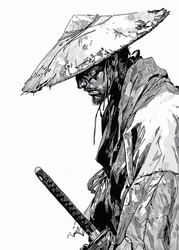 Monochrome Samurai with Straw Hat