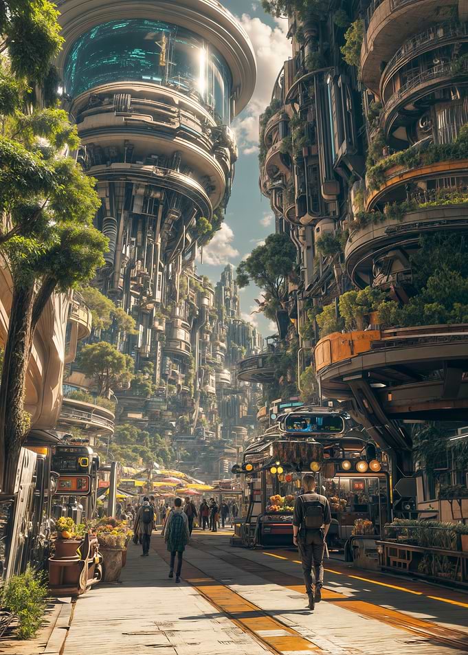 Futuristic Cityscape with Greenery and People