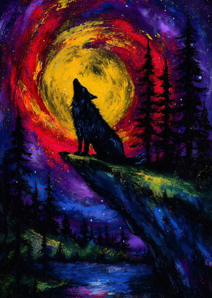 Wolf Howling at Colorful Moon Painting