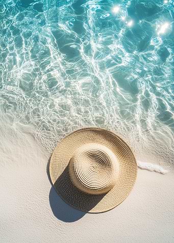 Beach Hat by the Water's Edge. Straw Hat on White Sand by Sparkling Ocean