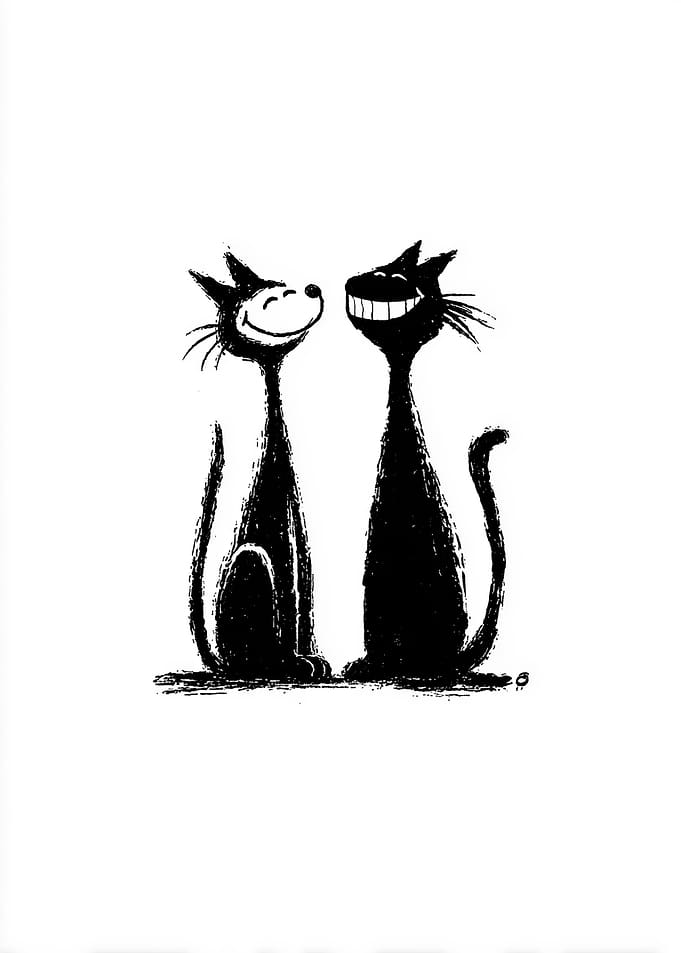 Two Smiling Cats Black and White