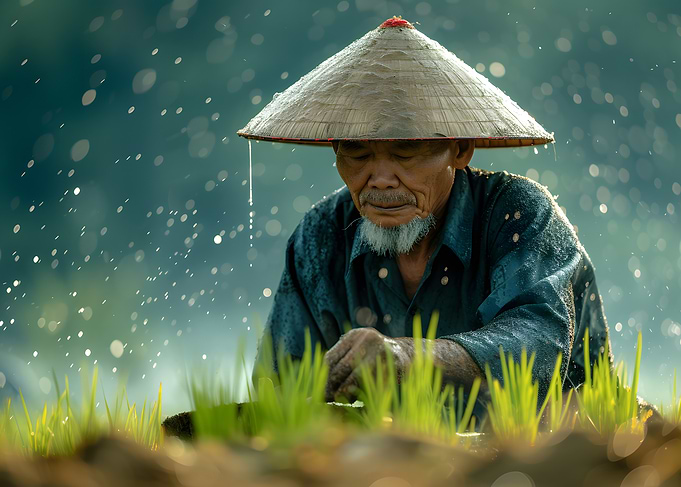 Rice Farmer in Rain