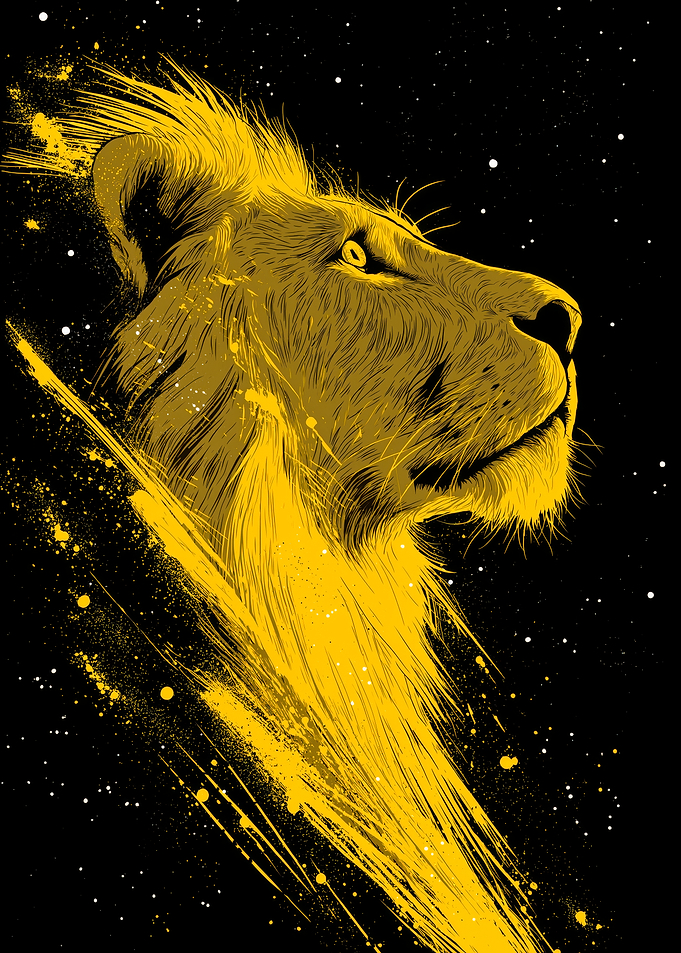 Golden Lion Head in Starry Night