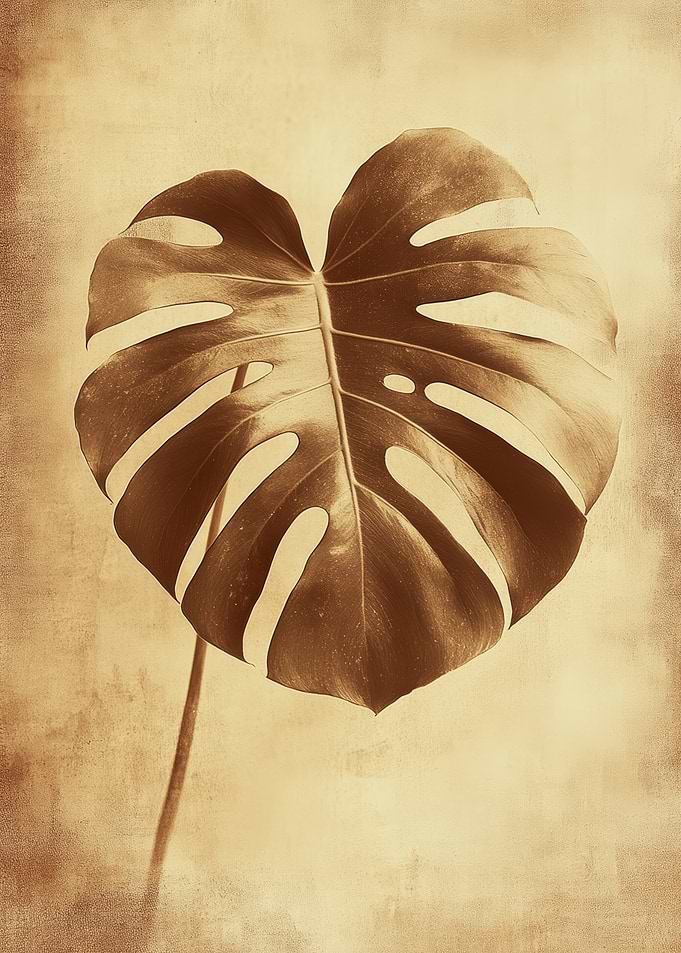 Monstera Leaf Sepia Tone | Sepia Monstera Leaf Botanical Art