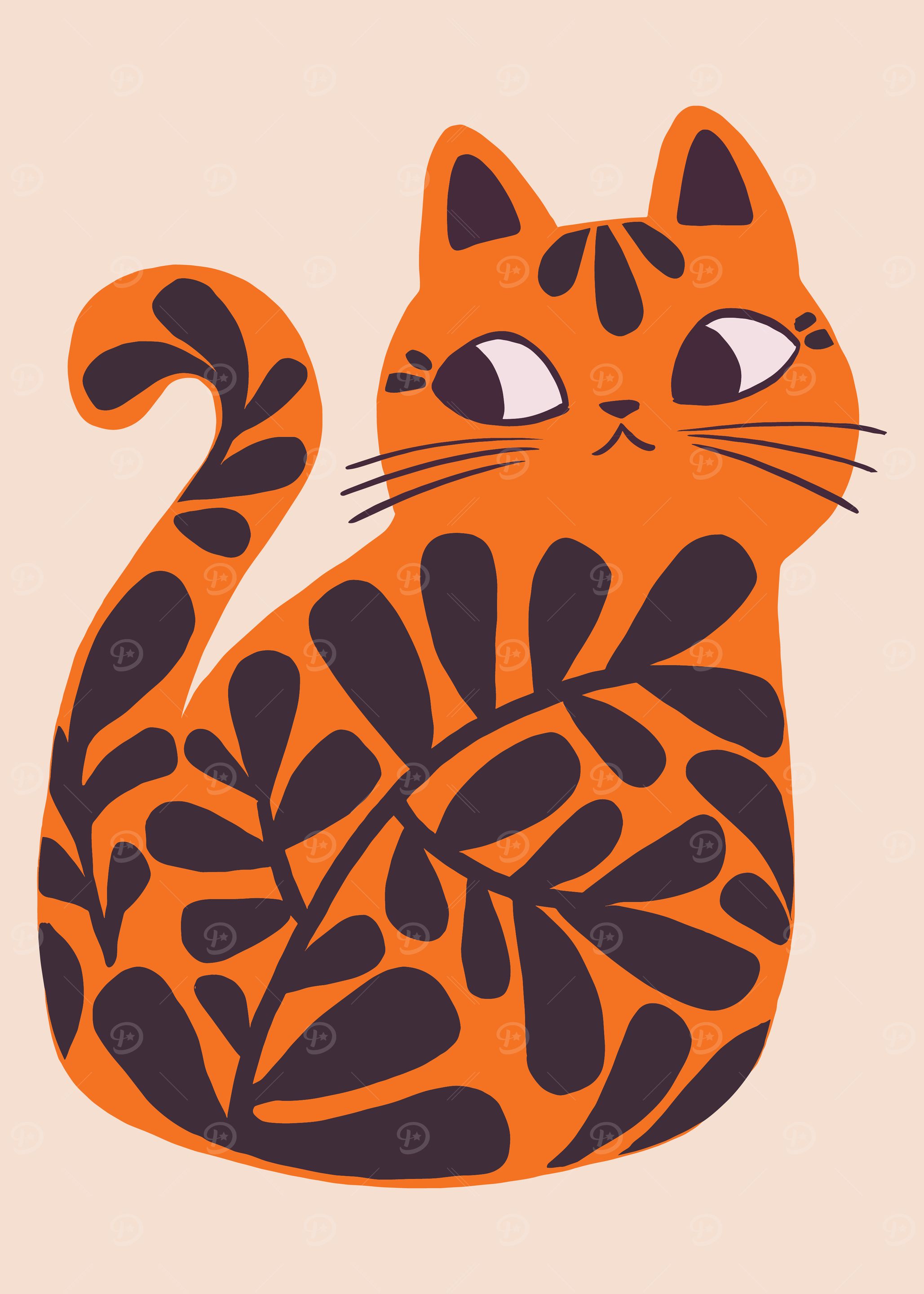 Stylized Orange Cat with Floral Pattern