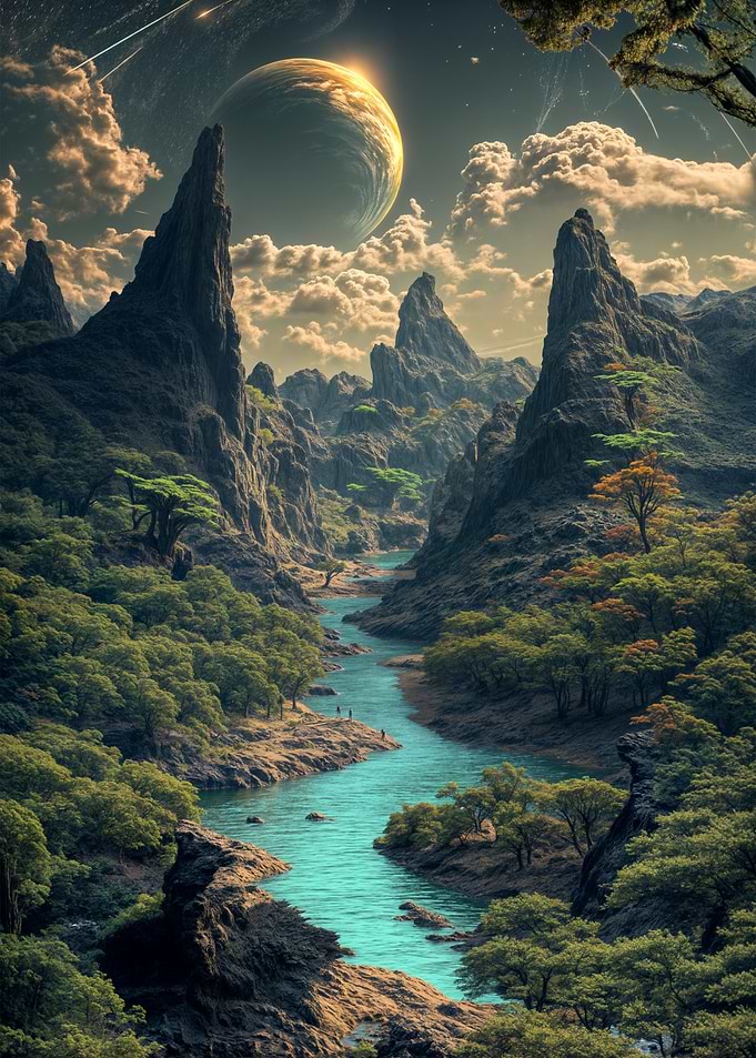 Alien planet landscape with river