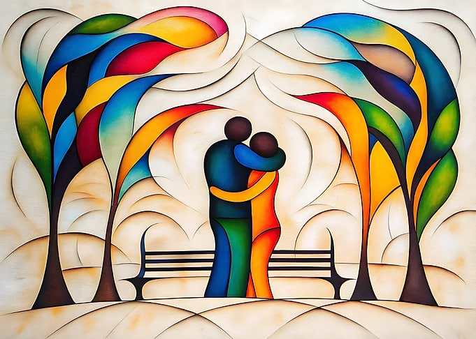 Abstract Couple Embracing in Colorful Park