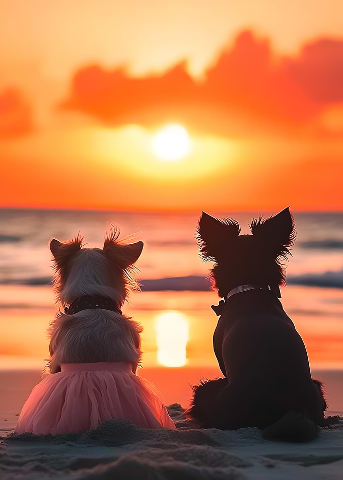 Lovely Couple Dogs watching sunset on the beach