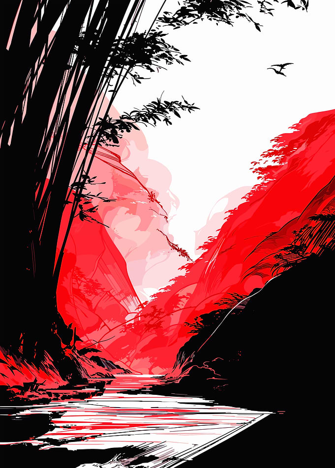 Red and Black Landscape with River