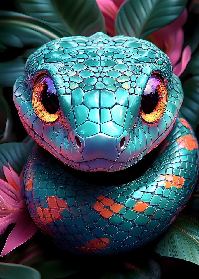 Cute Teal Snake with Orange Eyes