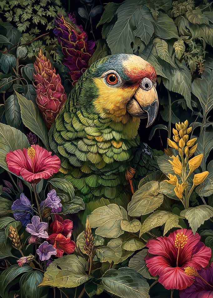 Parrot in a Floral Jungle