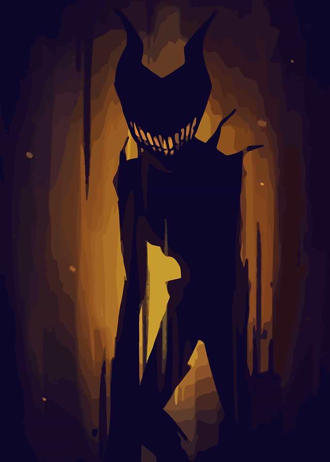 Silhouette of a horned, grinning figure