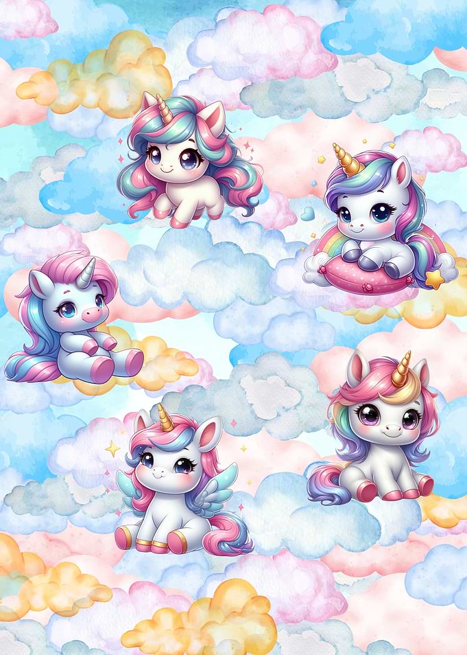 Cute Unicorns in Watercolor Cloudscape