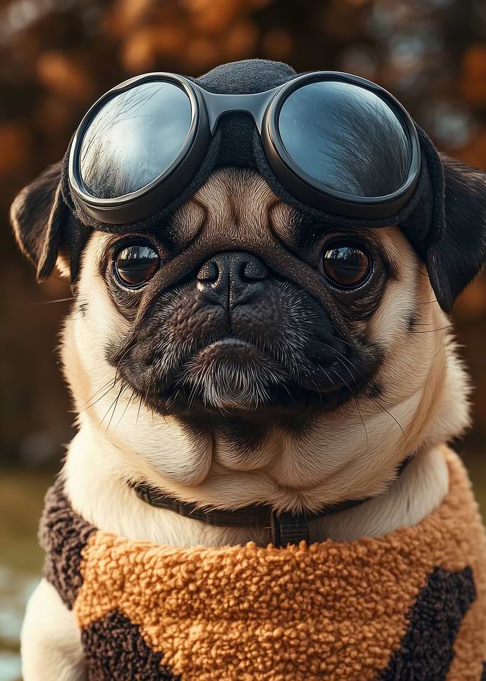 Pug Aviator Portrait - Cool Pug Dog with Aviator Goggles & Cozy Sweater