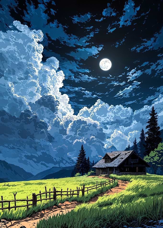 Anime Cabin Under full moon