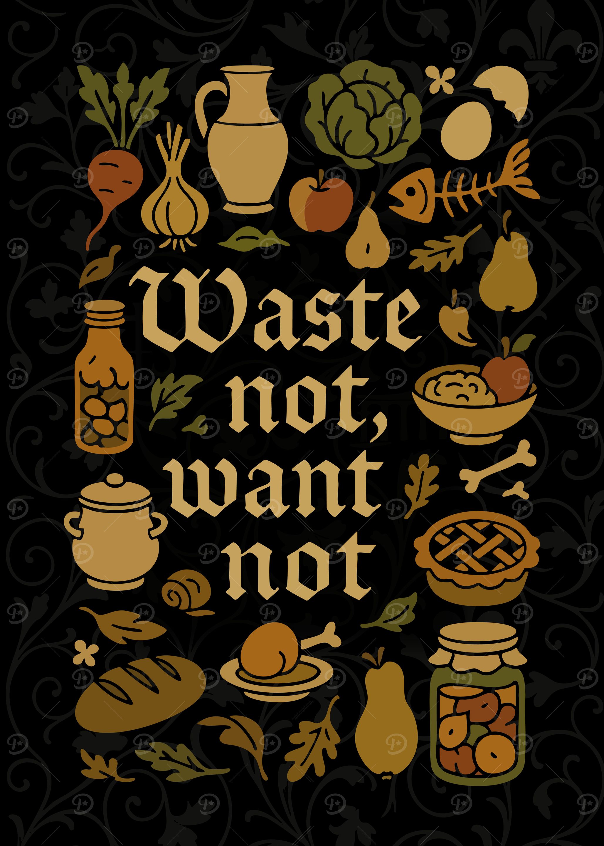 'Waste Not, Want Not' Funny Medieval Kitchen Text Illustration