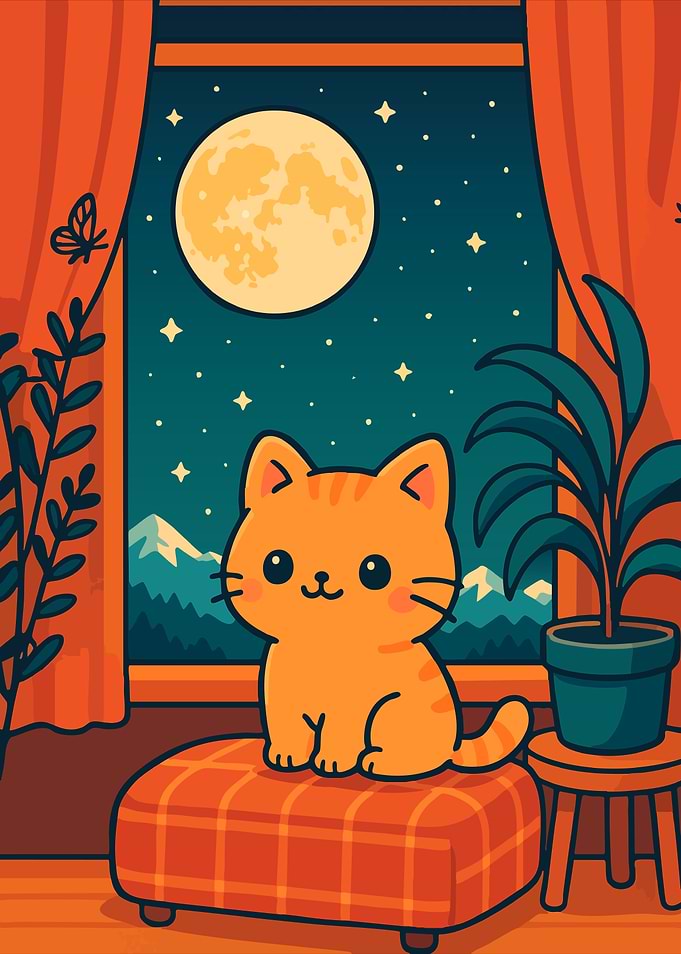 Cute Cat on Ottoman at Night Kawaii Art Illustration