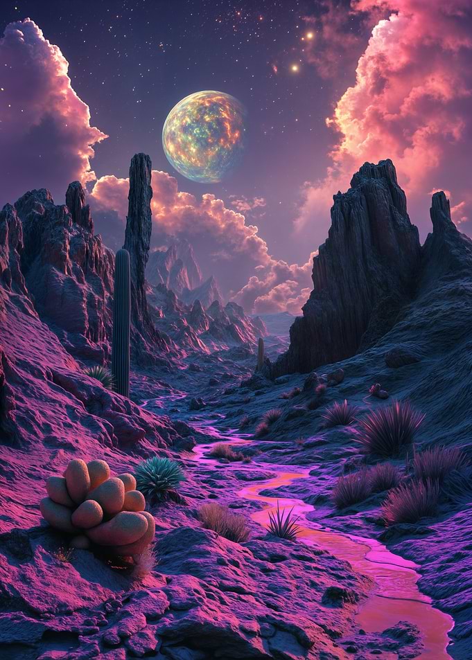 Surreal Desert Landscape with Alien Planet