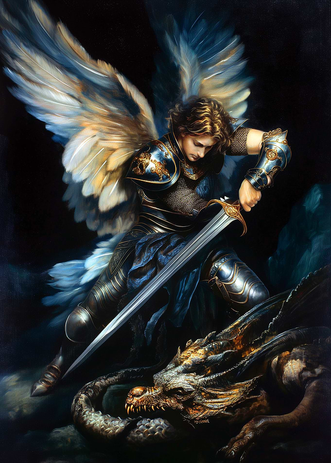 Angel Warrior Slaying Dragon Painting