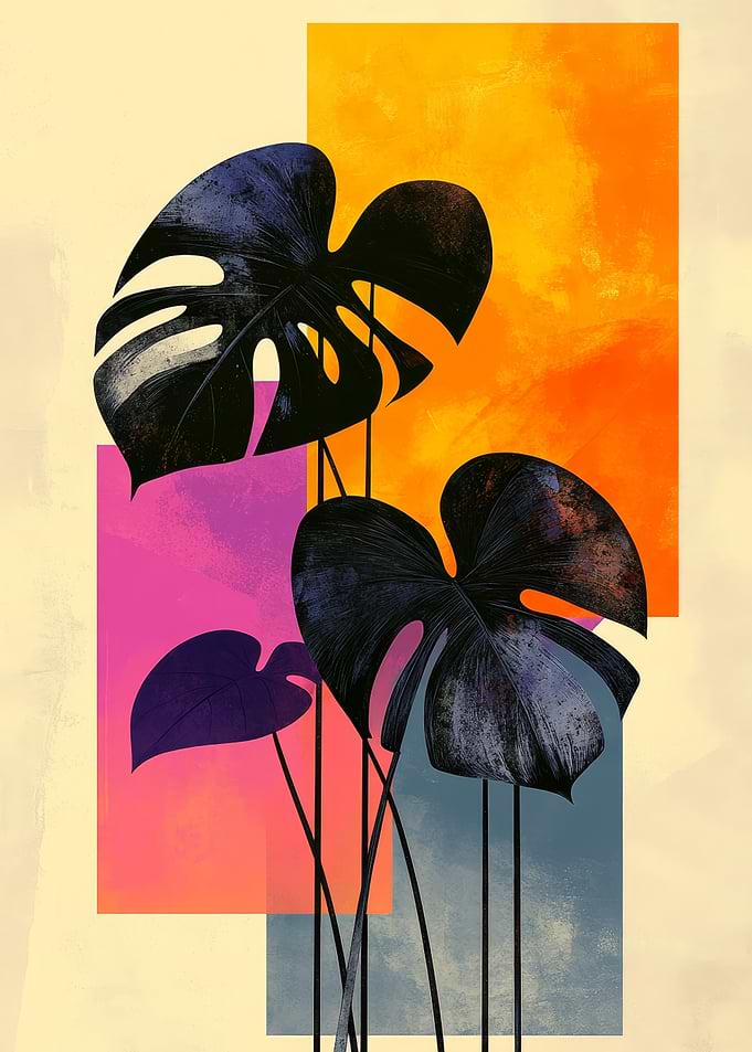 Retro Monstera Leaves with Geometric Pop Art Style
