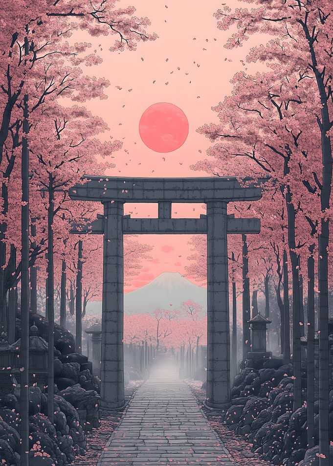 Japanese Torii Gate with Cherry Blossoms