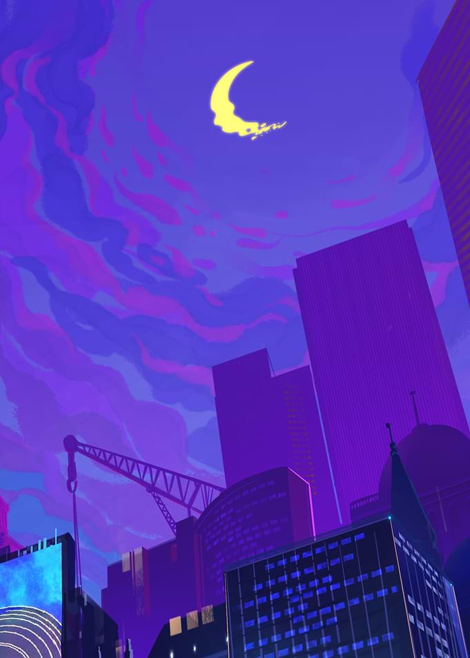 Purple Cityscape with Crescent Moon