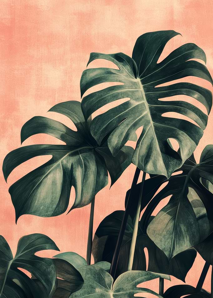 Monstera Plant on Peach Background | Retro Monstera Poster