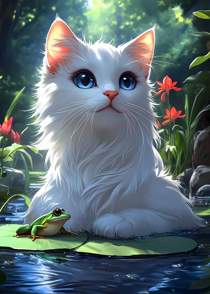 White Cat and Frog in Pond
