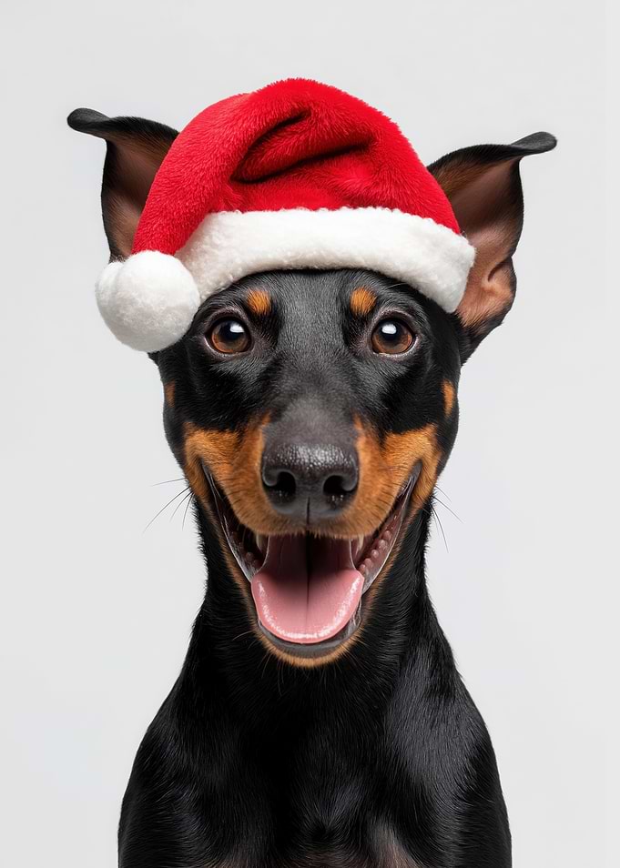 Manchester Terrier Dog with Santa Hat Portrait
